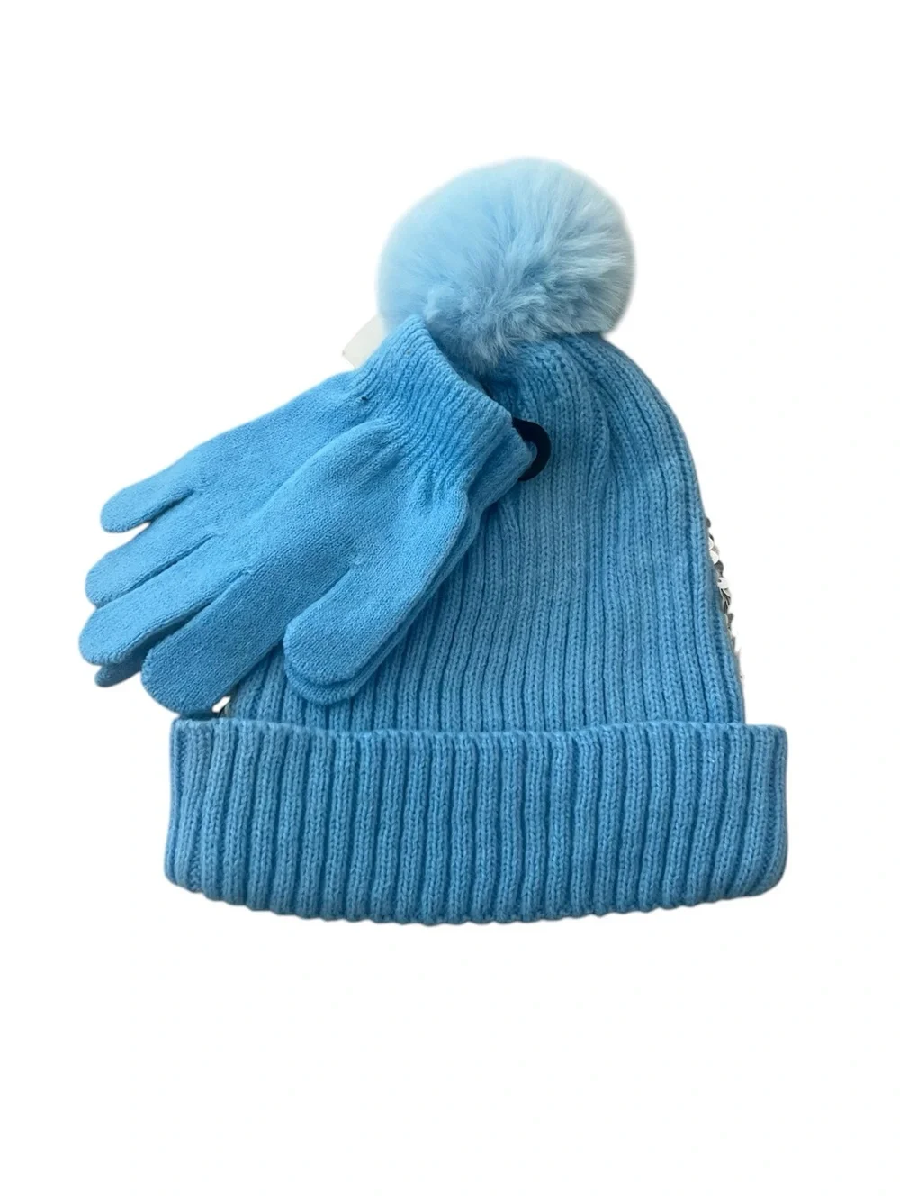 Kids Ages 3 Up Fur Pom Blue Knit w/Colorful Sequin Beanie Hat Gloves Set